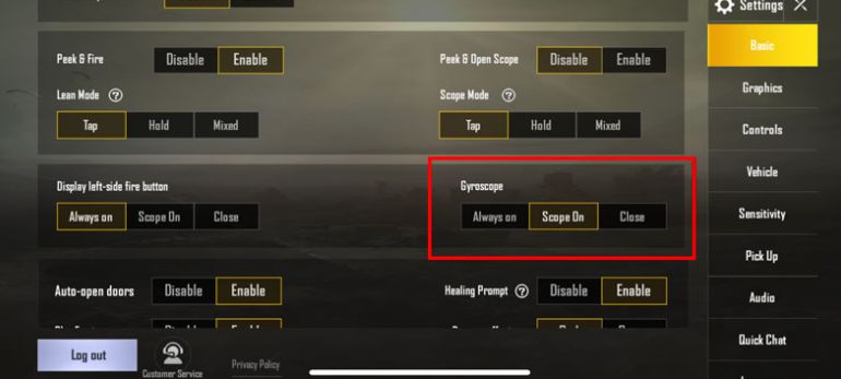 setting gyroscope pubg mobile