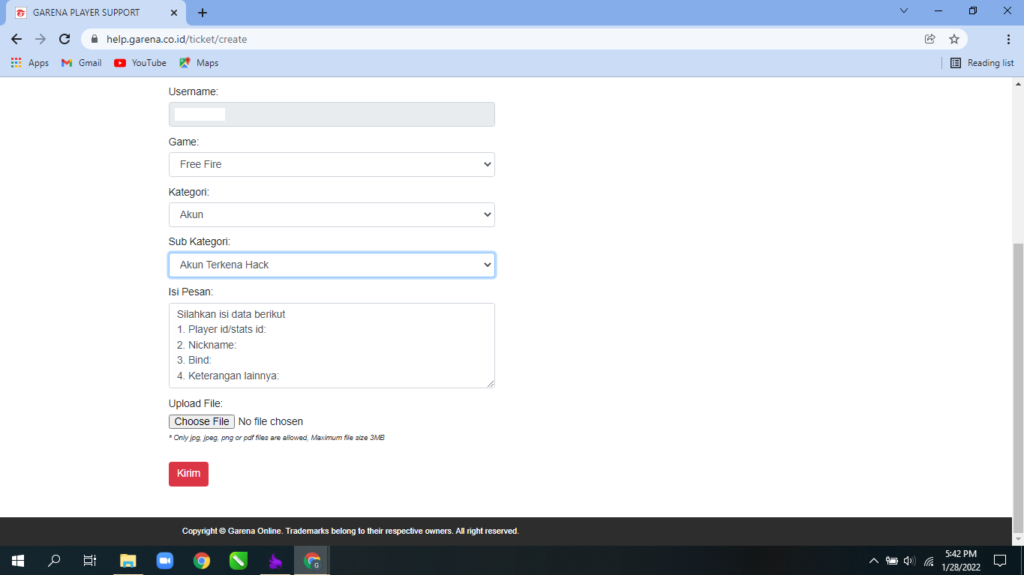 Pertanyaan Dari Garena Player Support Untuk Mengembalikan Akun FF yang di Hack