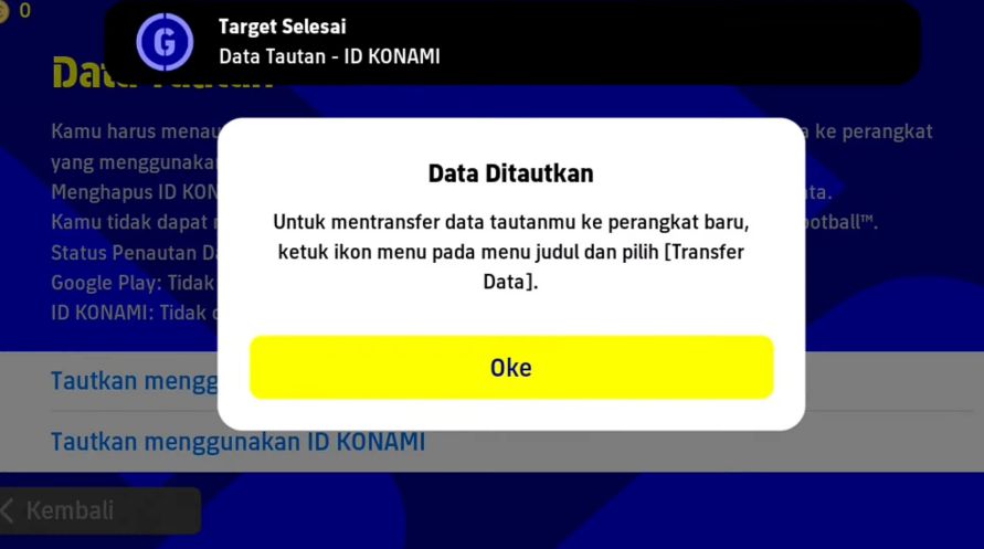 Konfirmasi Tautkan Akun PES Mobile Ke KONAMI ID