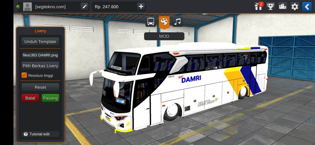 Download Mod Bussid & Livery DAMRI JB3+ SHD Hino RK