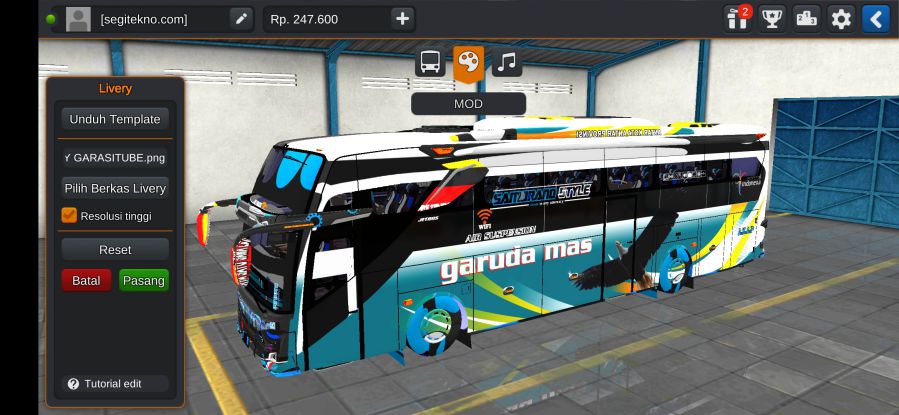 Download Livery & Mod Bussid Garuda Mas JB3+ SHD Hino RK