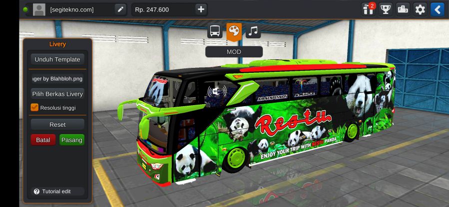 Download Livery & Mod Bussid Restu Panda JB3+ SHD Hino RK