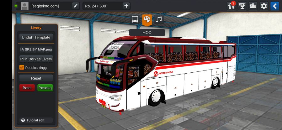 Download Livery & Mod Bussid Primajasa SR2 XHD Prime