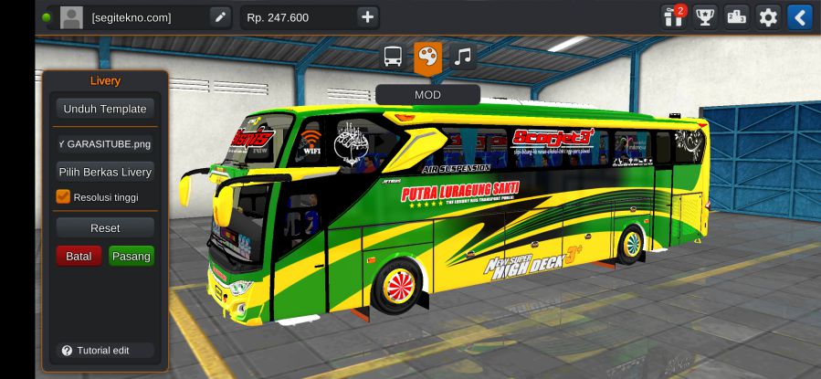 Download Livery & Mod Bussid Putra Luragung JB3+ Voyager Hin RK