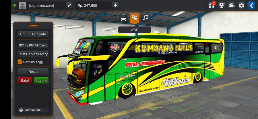 Download Livery & Mod Bussid Putra Luragung JB2 SHD Hino RK