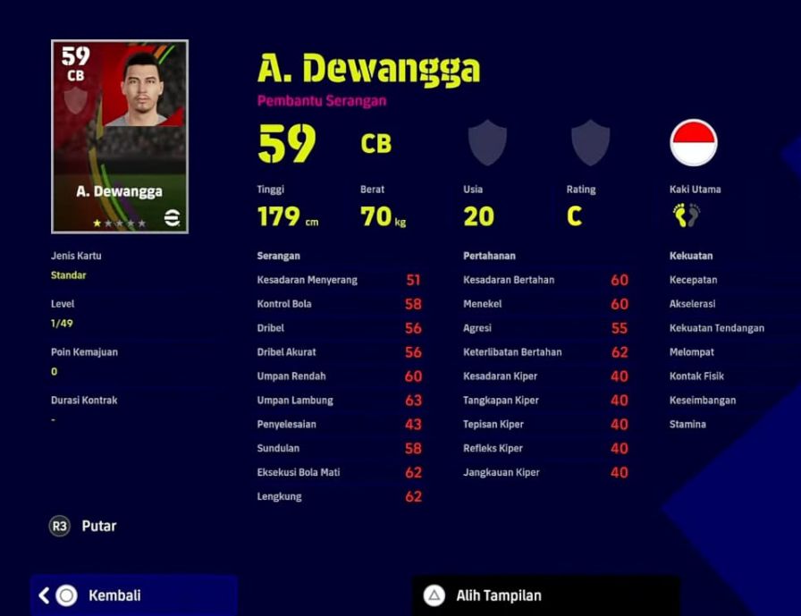 Pemain Indonesia PES 2023 A. Dewangga