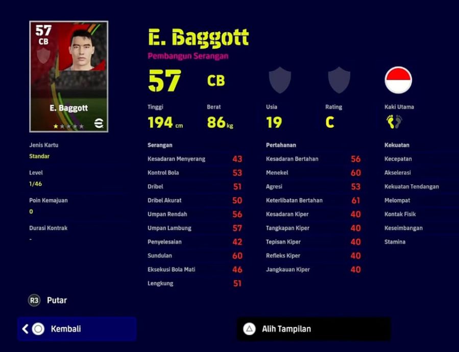 Pemain Indonesia PES 2023 E. Baggott
